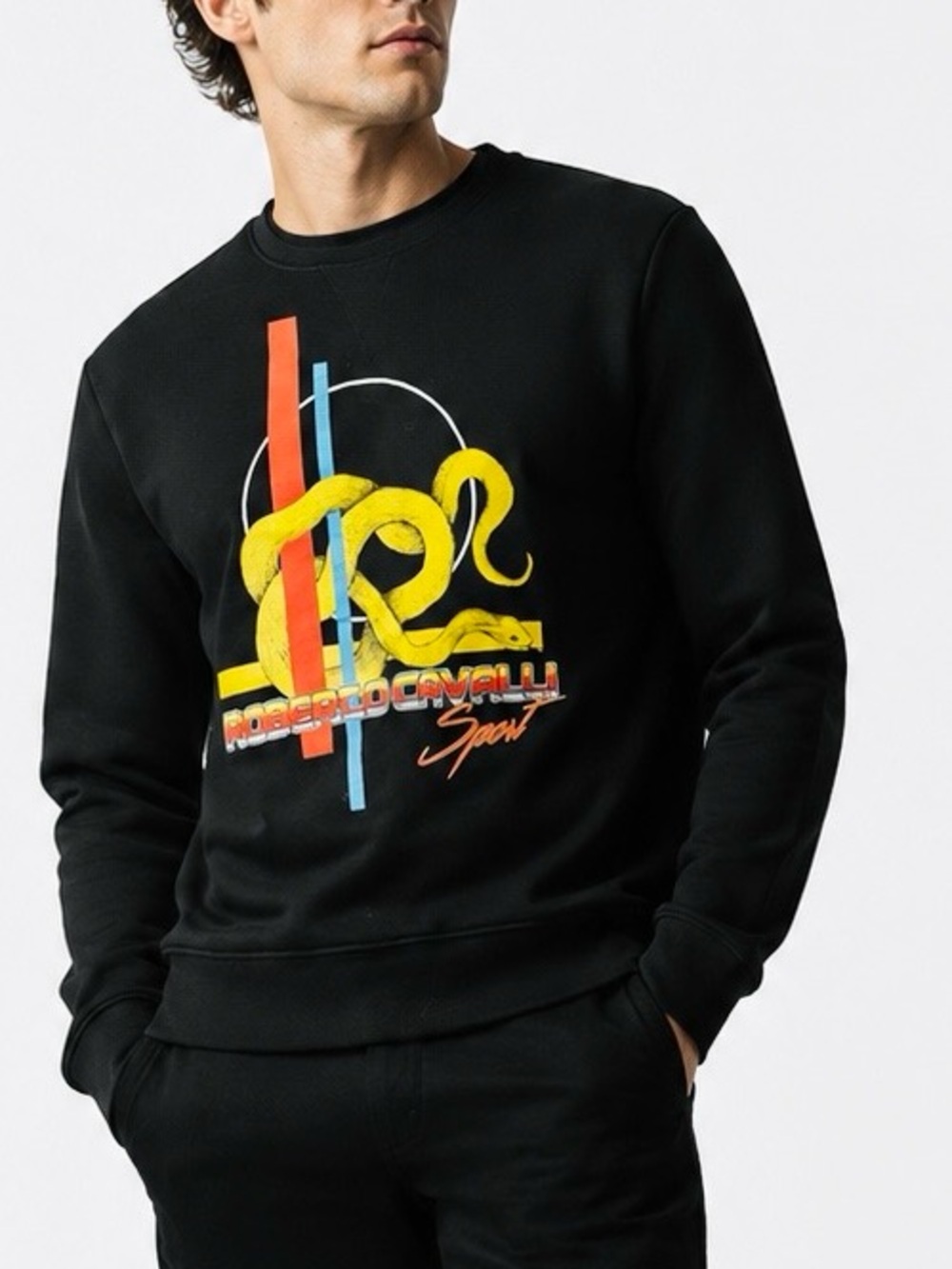 ROBERTO CAVALLI Black Crewneck Sweatshirt w Retro Yellow & Red Snake Graphic